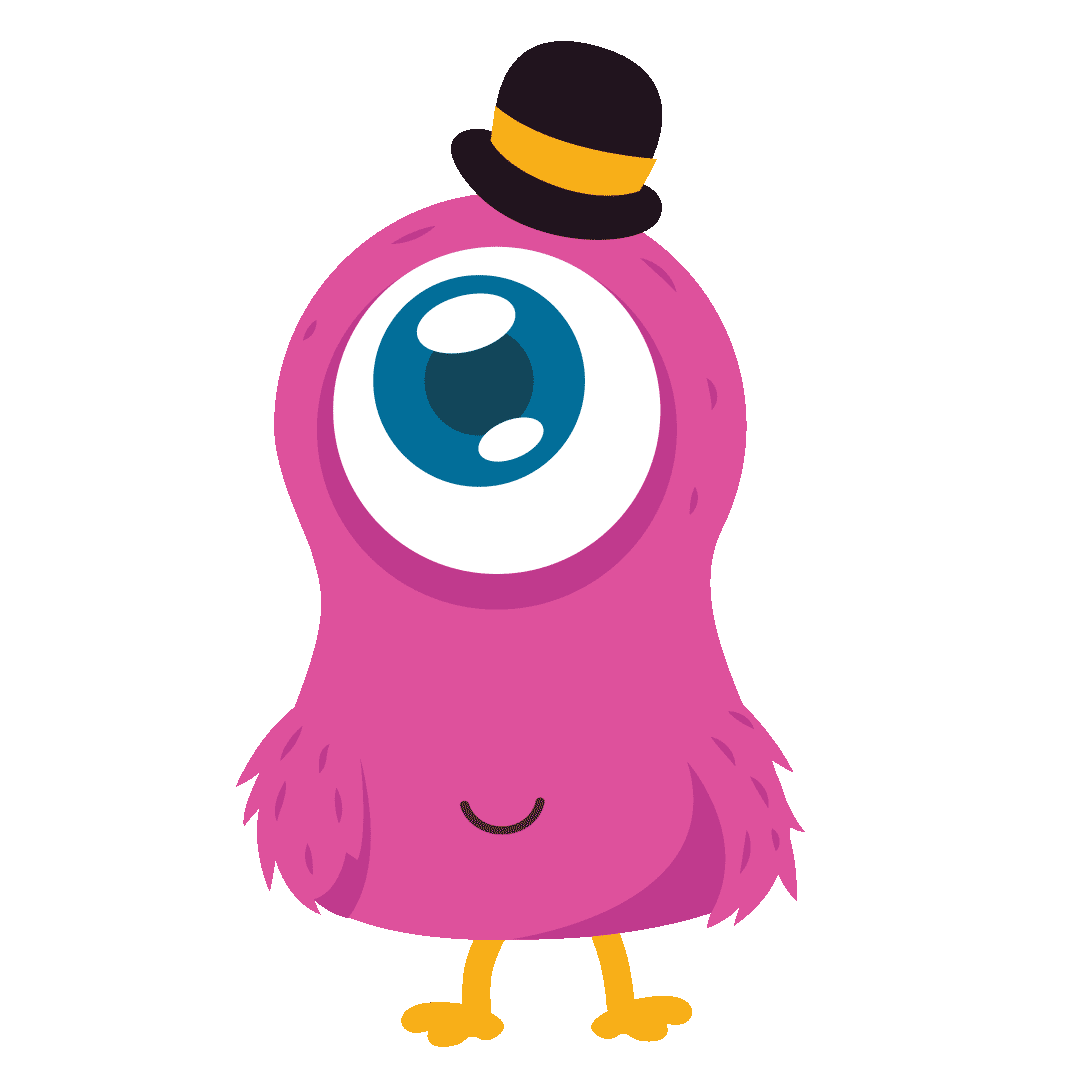 A fluffy pink monster in a bowler hat stomping his feet
