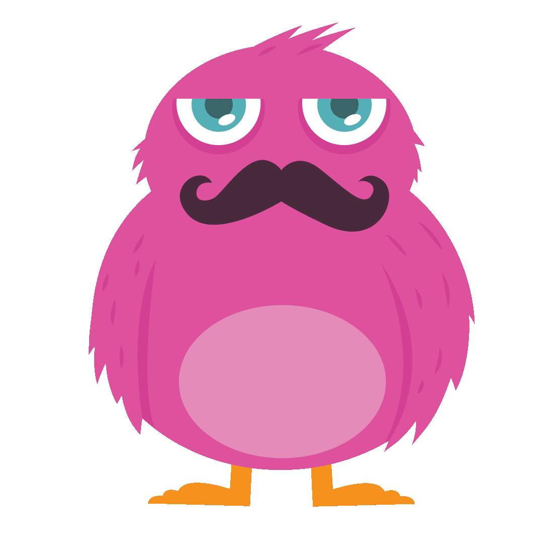 A big fluffy pink monster wearing a moustache