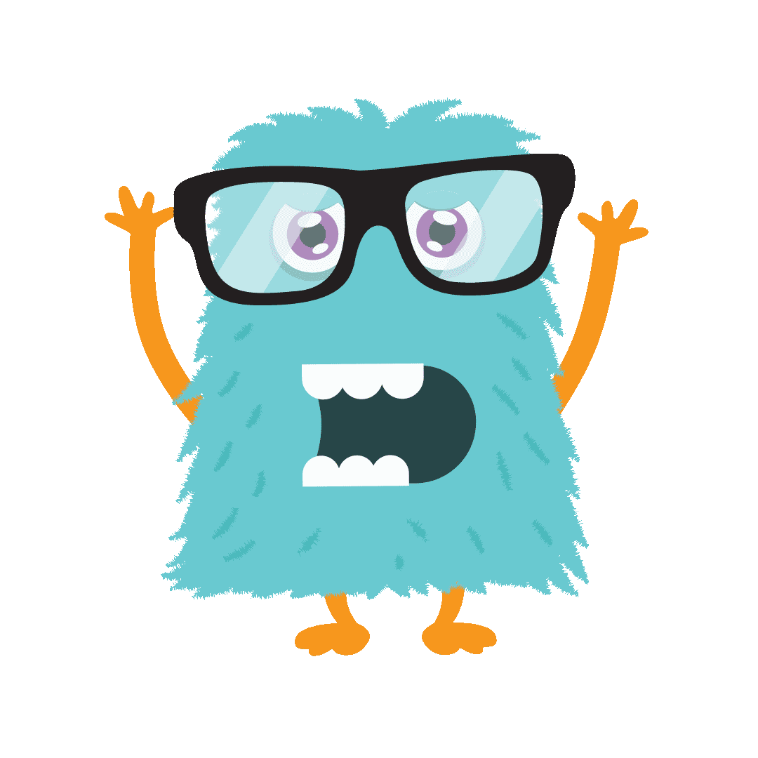 A fluffy monster in glasses waving
